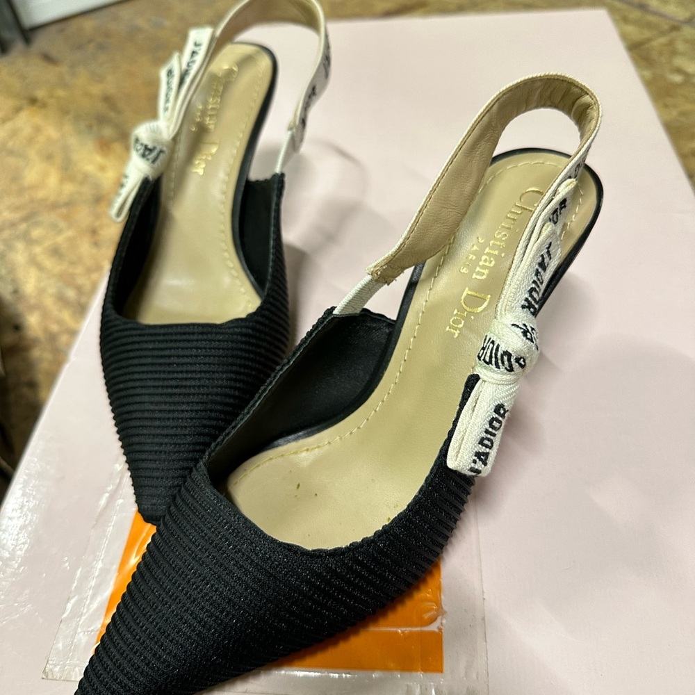 Dior Black Pointed Toe Kitten Heel Slingbacks
